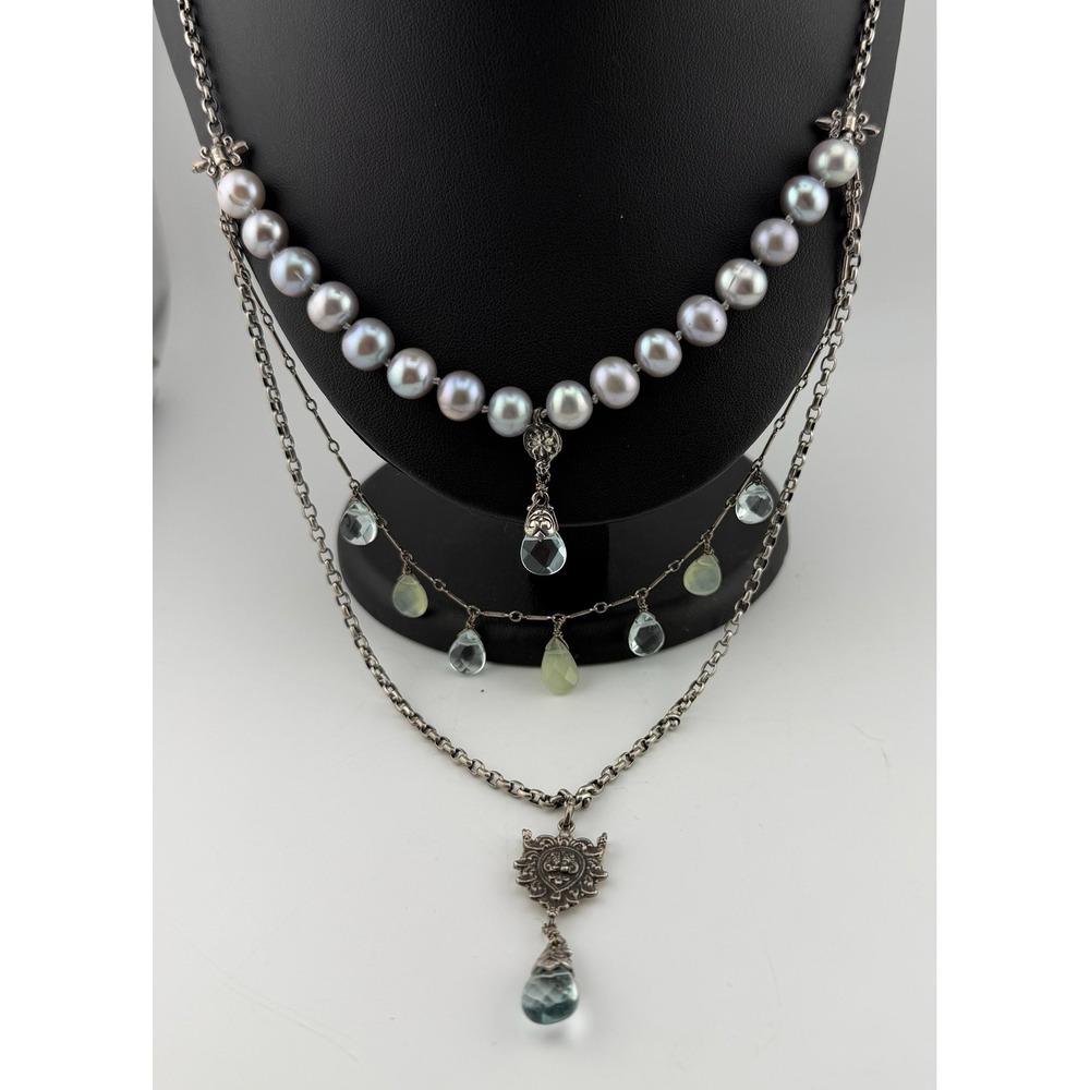Vintage Love Heals 925 Silver Grey Pearl Gemstone Layered Crest Necklace